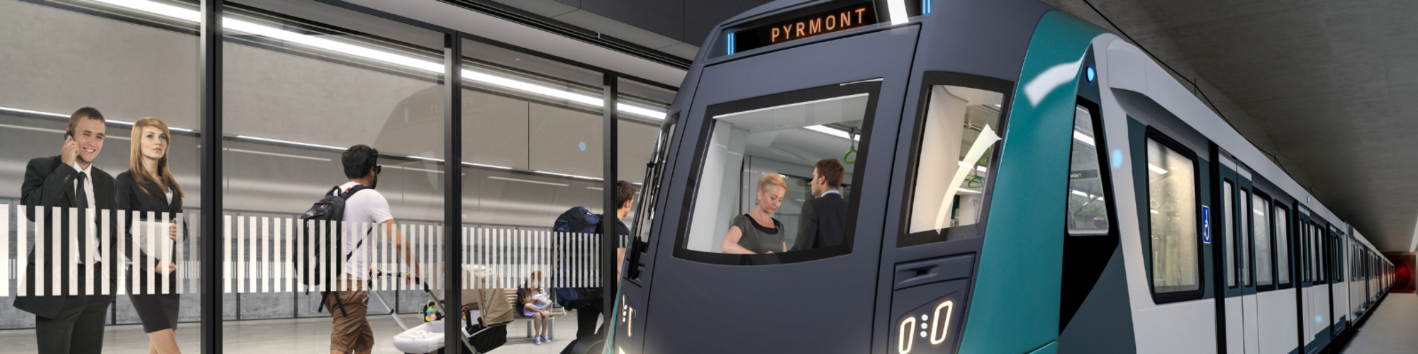 Artist's impression of Sydney Metro train entering the platform with passengers waiting behind the screen doors at Pyrmont Station.