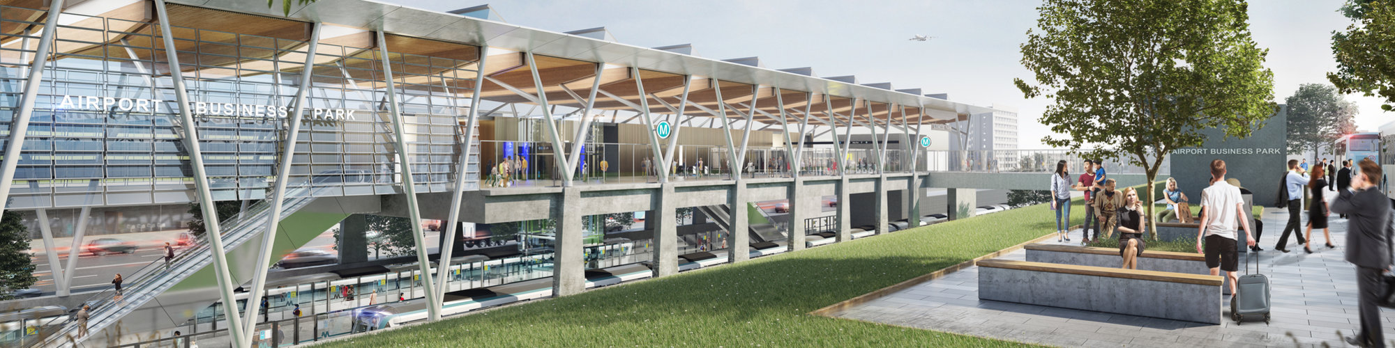 An artist’s impression of Airport Business Park Station, being delivered as part of the Sydney Metro – Western Sydney Airport project. Airport Business Park Station as viewed from the southern side of the station, looking north.