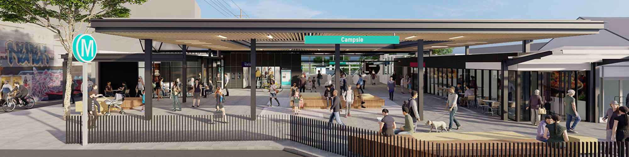 An artist’s impression of the entrance to the future metro station at Campsie (as viewed from Beamish Street), being delivered as part of the Sydney Metro City & Southwest project.
