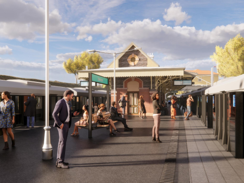 Artist's impression of passengers waiting on the platform at Sydney Metro's Belmore Station as part of the City and Southwest Project. 