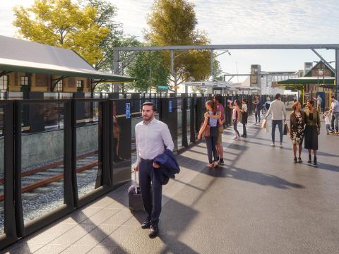 An artist's impression of the future Marrickville metro station as viewed from the platform.