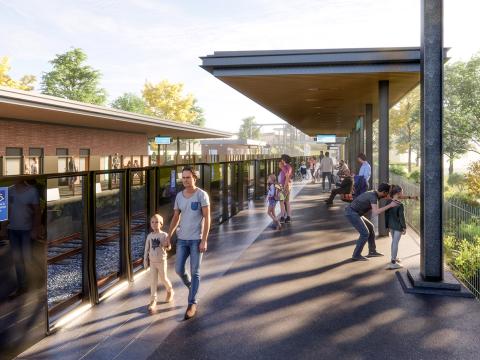 An artist's impression of the future metro station at Wiley Park as viewed from the platform, being delivered as part of the Sydney Metro City & Southwest project.