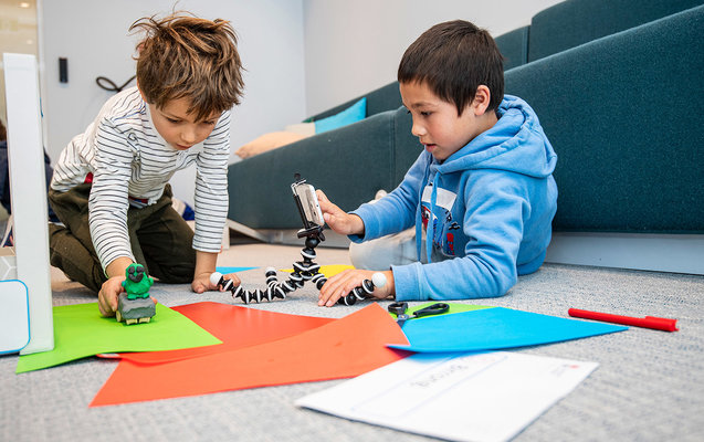 Two students participating in the Sydney Metro Stop motion animation workshop