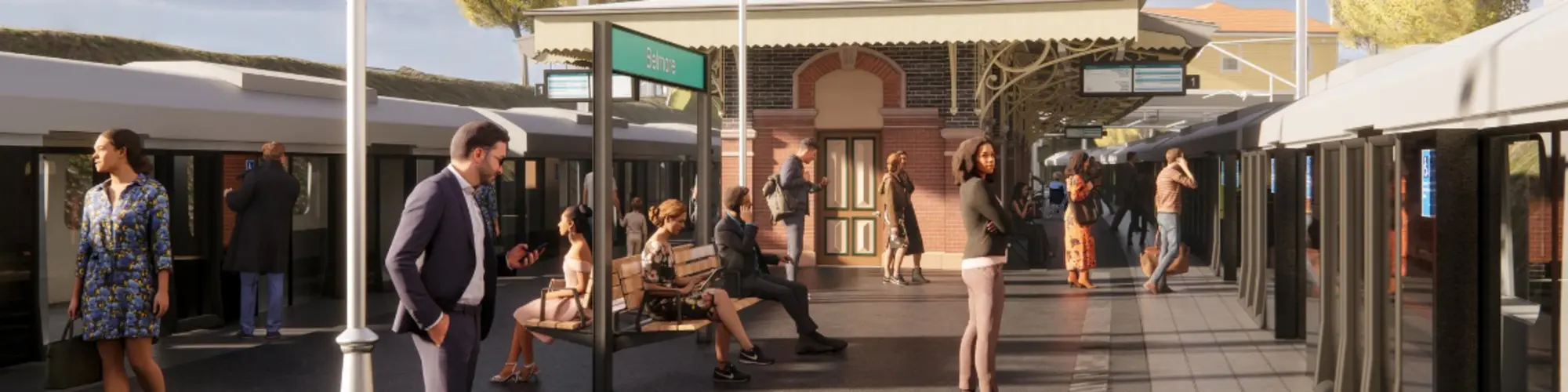 Artist's impression of passengers waiting on the platform at Sydney Metro's Belmore Station as part of the City and Southwest Project. 