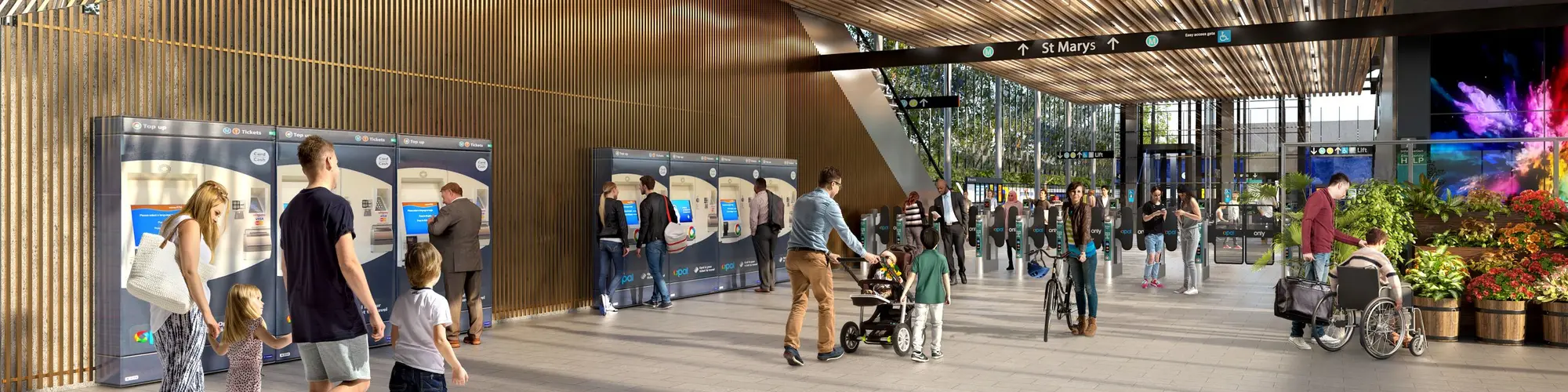 Artist's impression of passengers commuting in and out of the inside entrance at Sydney Metro's St Marys Station.