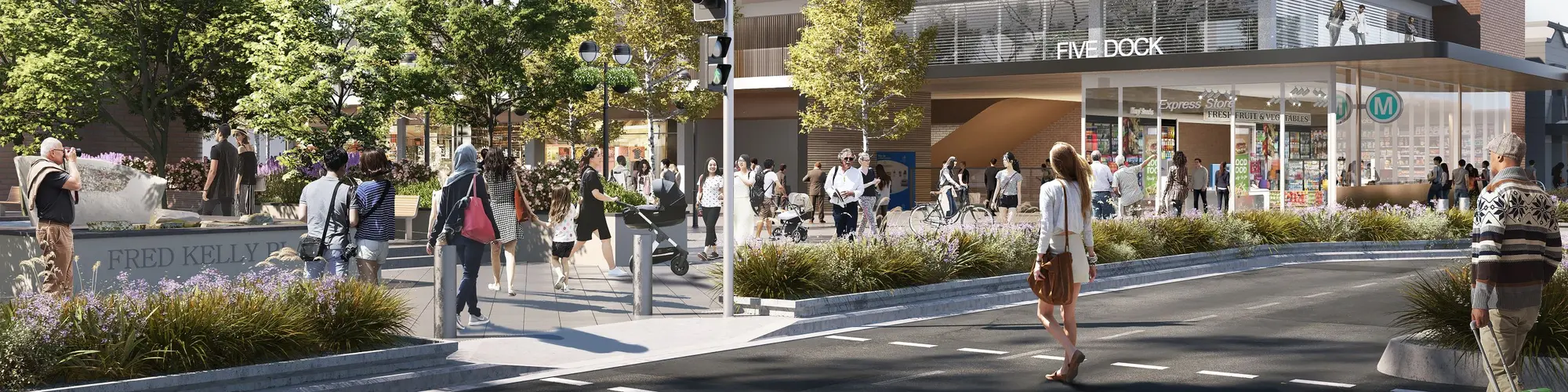 Artist's impression of the street view of commuters travelling in and out of Sydney Metro's Five Dock Station.