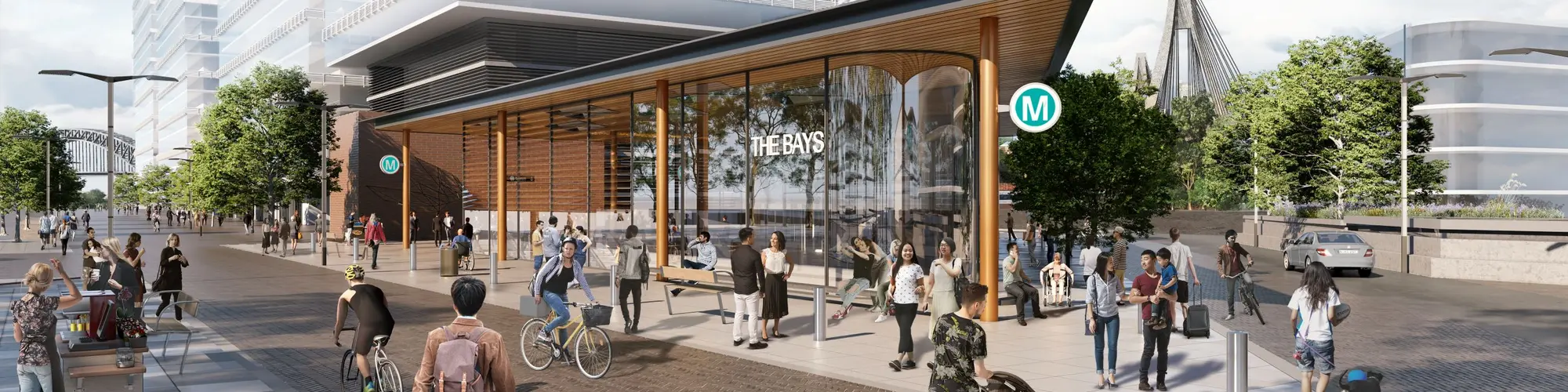 Artist's impression of commuters outside the entrance of Sydney Metro's The Bays Station