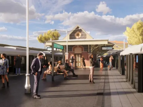 Artist's impression of passengers waiting on the platform at Sydney Metro's Belmore Station as part of the City and Southwest Project. 