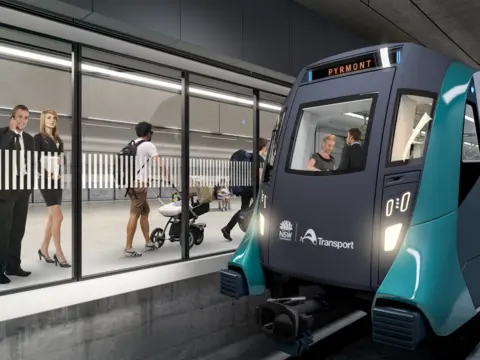 Artist's impression of Sydney Metro train entering the platform with passengers waiting behind the screen doors at Pyrmont Station.