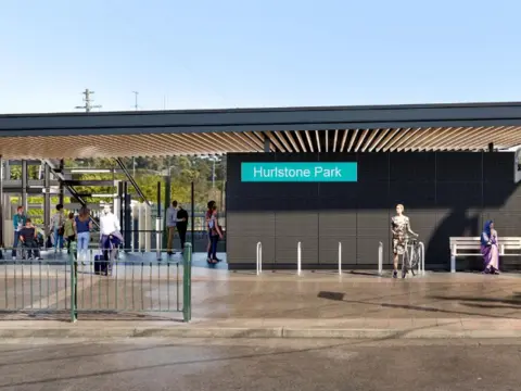 Artist's impression of Sydney Metro upgraded Hurlstone Park Station as viewed from the platform.