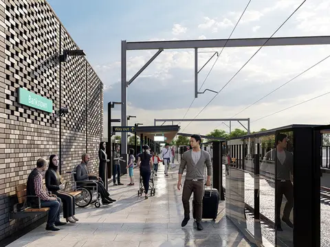 An artist's impression of the future metro station at Bankstown as viewed from the platform, being delivered as part of the Sydney Metro City & Southwest project.