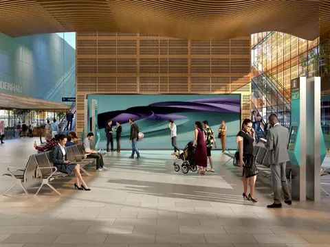 An artist's impression of the inside concourse of Sydney Metro Luddenham Station.