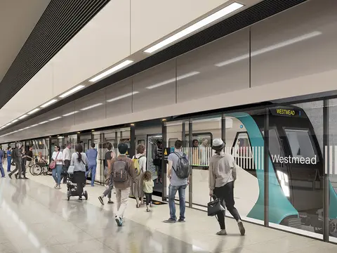 An artist's impression of the future metro station at Westmead as viewed from the platform, being delivered as part of the Sydney Metro West project.