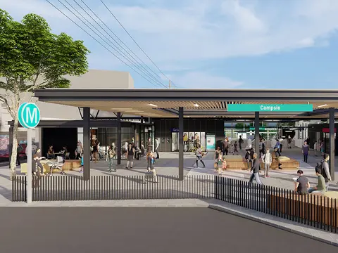 An artist’s impression of the entrance to the future metro station at Campsie (as viewed from Beamish Street), being delivered as part of the Sydney Metro City & Southwest project.