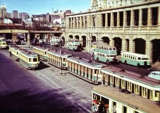 A photograph from 1954 showing a bird's eye view of old trams and busses outside of Central Station on Eddy Avenue (image from City of Sydney Archives:044520)