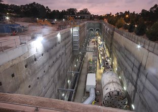 An aerial view of the construction site at Norwest Station where TBM1 Elizabeth is about to start tunnelling.