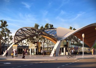 Artist's impression of commuters outside the entrance of Sydney Metro's Hills Showground Station.