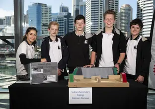 Students from Leichhardt Secondary College Balmain Campus pose with their submission for the 2018 Sydney Metro  Minds STEAM Challenge competition.