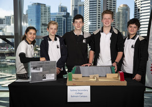 Students from Leichhardt Secondary College Balmain Campus pose with their submission for the 2018 Sydney Metro  Minds STEAM Challenge competition.