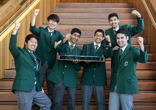 2019 Sydney Metro Minds Steam Challenge Winners, students from Cumberland High School (left to right): Mason Zhang, Aditya Agnihotri, Saisriman Tadepalli, Husain Alhashemi and Nihar Kadkol
