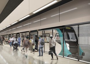 Artist’s impression of commuters walking through the platform screen doors onto a metro train that has arrived at the Westmead metro station platform.
