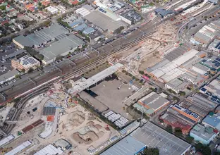 Arial view of the aqueduct at Sydenham Station. There are many building around the site