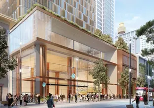 Artist's impression of the new Hunter Street station. A light rail train is on the right side of the image and Westfield tower is in the background.