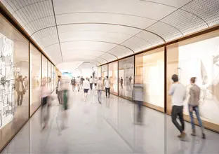 Artist's impression of passengers commuting along the pedestrian link in Sydney Metro's Martin Place Station.