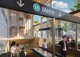 Artist's impression of people at the top of the escalators at Crows Nest Station. A black Metro sign is above the escalators with podium lifts in the background.