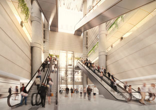 Artist's impression of passengers commuting in the north atrium in Sydney Metro's Martin Place Station.