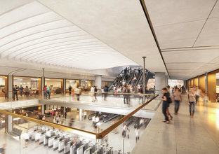 An artist's impression of commuters along the balcony of the south retail section of Sydney Metro's  Martin Place Station.