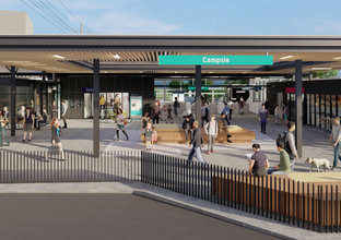 Artist's impression of passengers commuting outside of the entrance of Sydney Metro's Campsie Station.