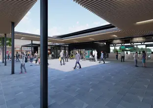 Artist's impression passengers commuting inside of Sydney Metro's Campsie Station entrance.