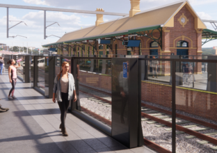 Artist's impression of commuters walking along the platform behind the screen doors at Sydney Metro's Canterbury Station.