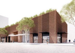 Artist's impression of the outside entrance to Crows Nest Station as viewed from across a paved square.