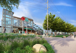 An artist's impression of Dulwich Hill Station as viewed from outside the station entrance. Trees and greenery line the station entrance and L (light rail) and M (metro) signs can be seen.