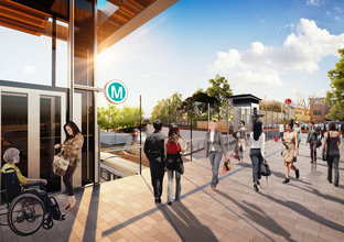 Artist's impression passengers commuting outside of Sydney Metro's Dulwich Hill Station.