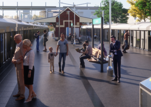 Artist's impression of commuters walking and waiting along the platform at Sydney Metro's Lakemba Station.