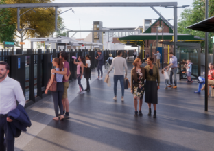 Artist's impression of commuters walking and waiting along the platform at Sydney Metro's Marrickville Station.