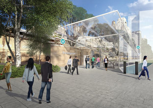 An artist's impression of the entrance to Sydney Metro Barangaroo Station, looking south.
