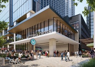 Artist's impression of commuters entering in and out of Sydney Metro's Victoria Cross Station through site laneway from Miller Street.