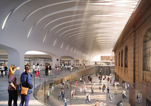 Artist's impression of several commuters walking around in the new Northern Concourse at Central Station.