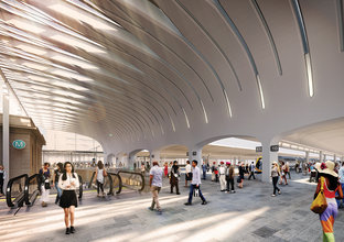 Artist's impression of several commuters walking around the new Sydney Metro platforms at Central Station.