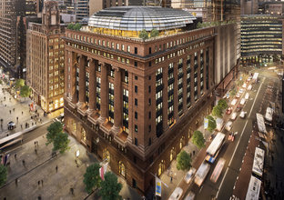 Artist's impression showing a bird's eye view from the north tower at Sydney Metro's Martin Place Station.