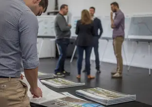 A man looks at a brochure at a community event in Bankstown while a group of people have a conversation in the background.