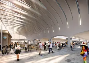 Artist's impression of commuters walking around at the top of the escalators inside the new Central Station upgrade.