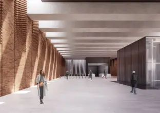 An artist's impression of commuters walking around inside the Crows Nest Station Concourse. Escalators can be seen in the background.