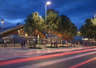 Artist's impression of commuters at night outside the entrance of Sydney Metro's Cudgegong Road Station.