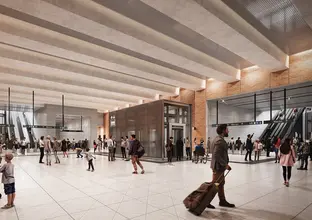 Artist's impression of passengers walking through Crows Nest Station concourse