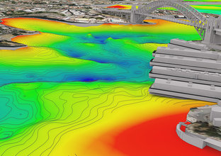 Digital heat map drawing representing the googology under Sydney Harbour.